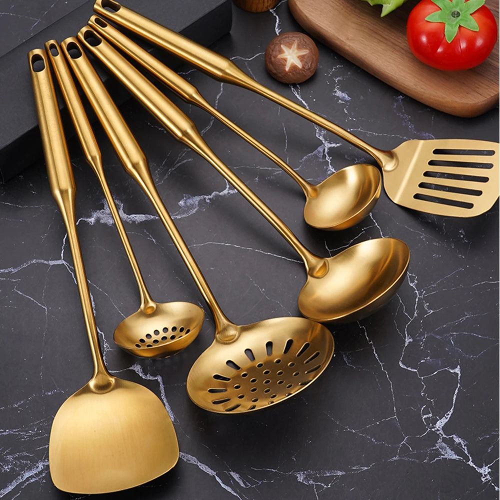 Stainless Steel Gold Kitchenware Cooking Utensils 1PC Kitchen Non-stick Cookware Spatula Easy Clean Soup Spoon For Home Gadget